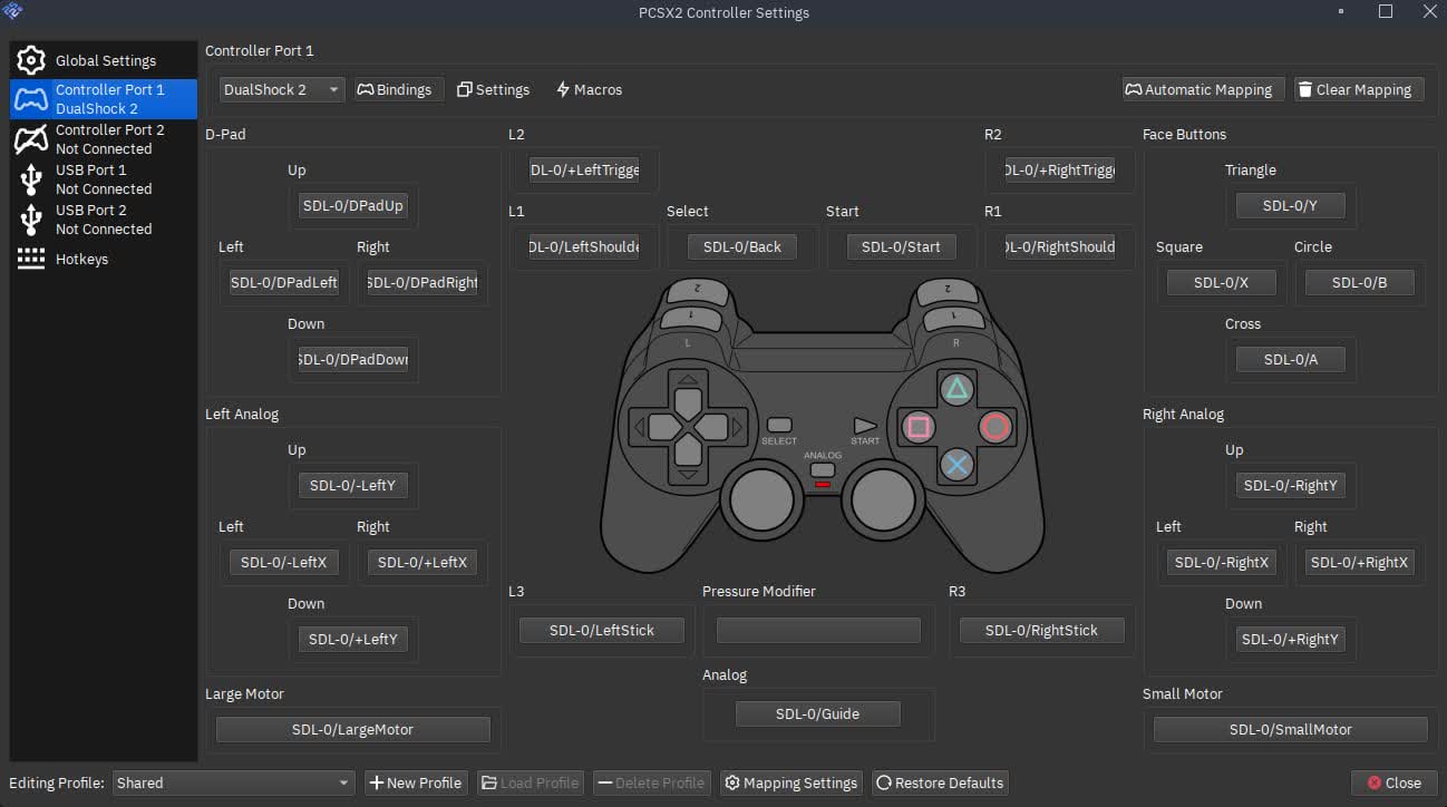 PCSX2 Controller Settings — DualShock 2 mapping